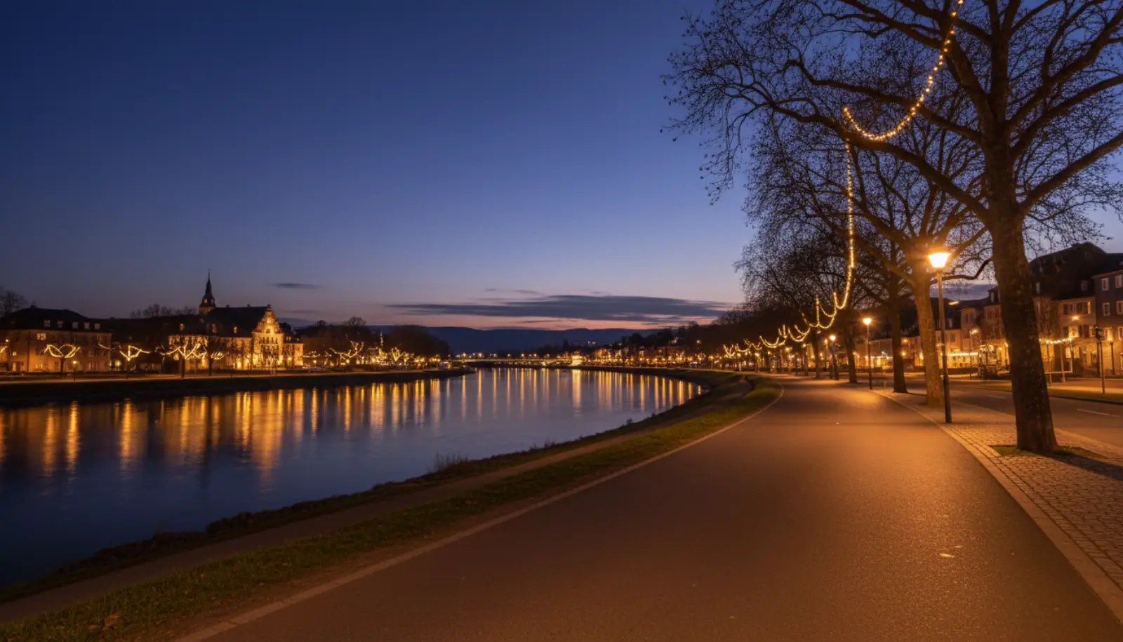 Grüne Promenade in Dinslaken am Niederrhein mit altem Baumbestand und Blick über die Wiesen