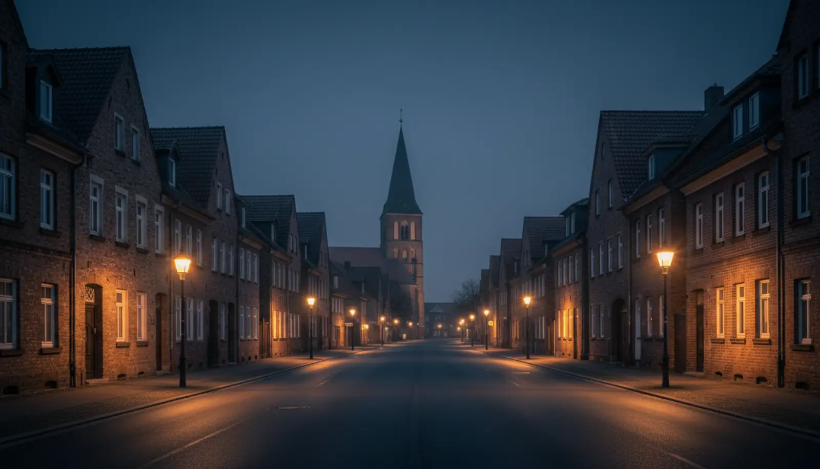 Abendlicht über der Gladbecker Hauptstraße mit dem Turm der Propsteikirche St. Lamberti im Hintergrund