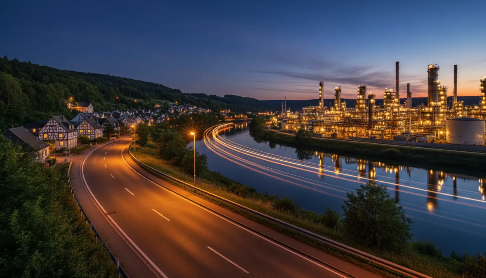 Blick über Marl mit den beleuchteten Anlagen des Chemieparks in der Abenddämmerung