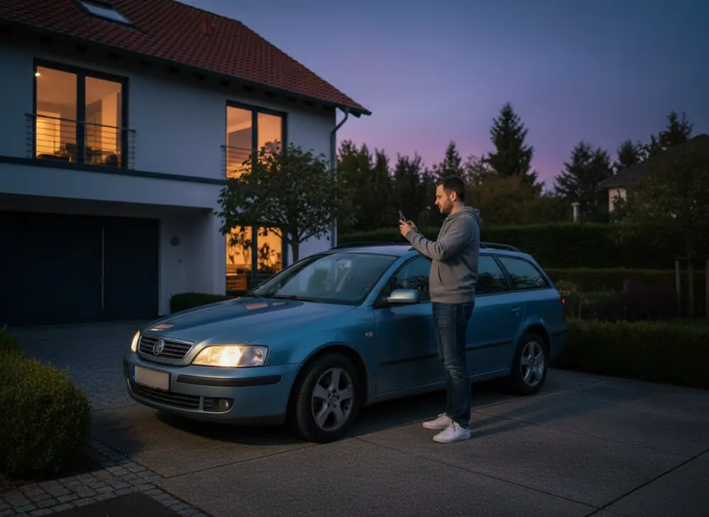 Fahrzeughalter fotografiert sein Auto mit dem Smartphone in der Einfahrt