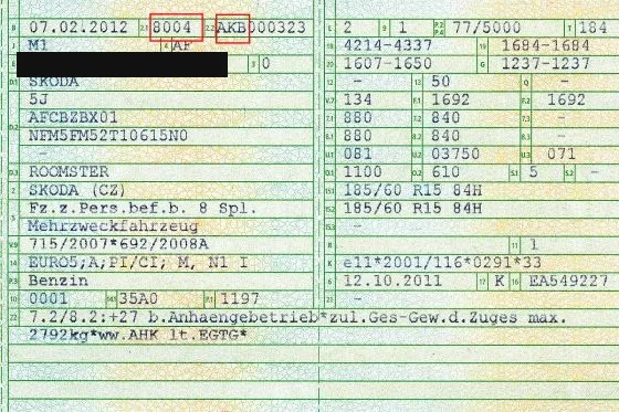 Fahrzeugschein: Feld 2.1 zeigt die HSN, Feld 2.2 die TSN, beide rot markiert